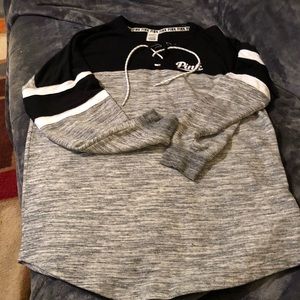 Gently used PINK pullover with tie- no hoodie.